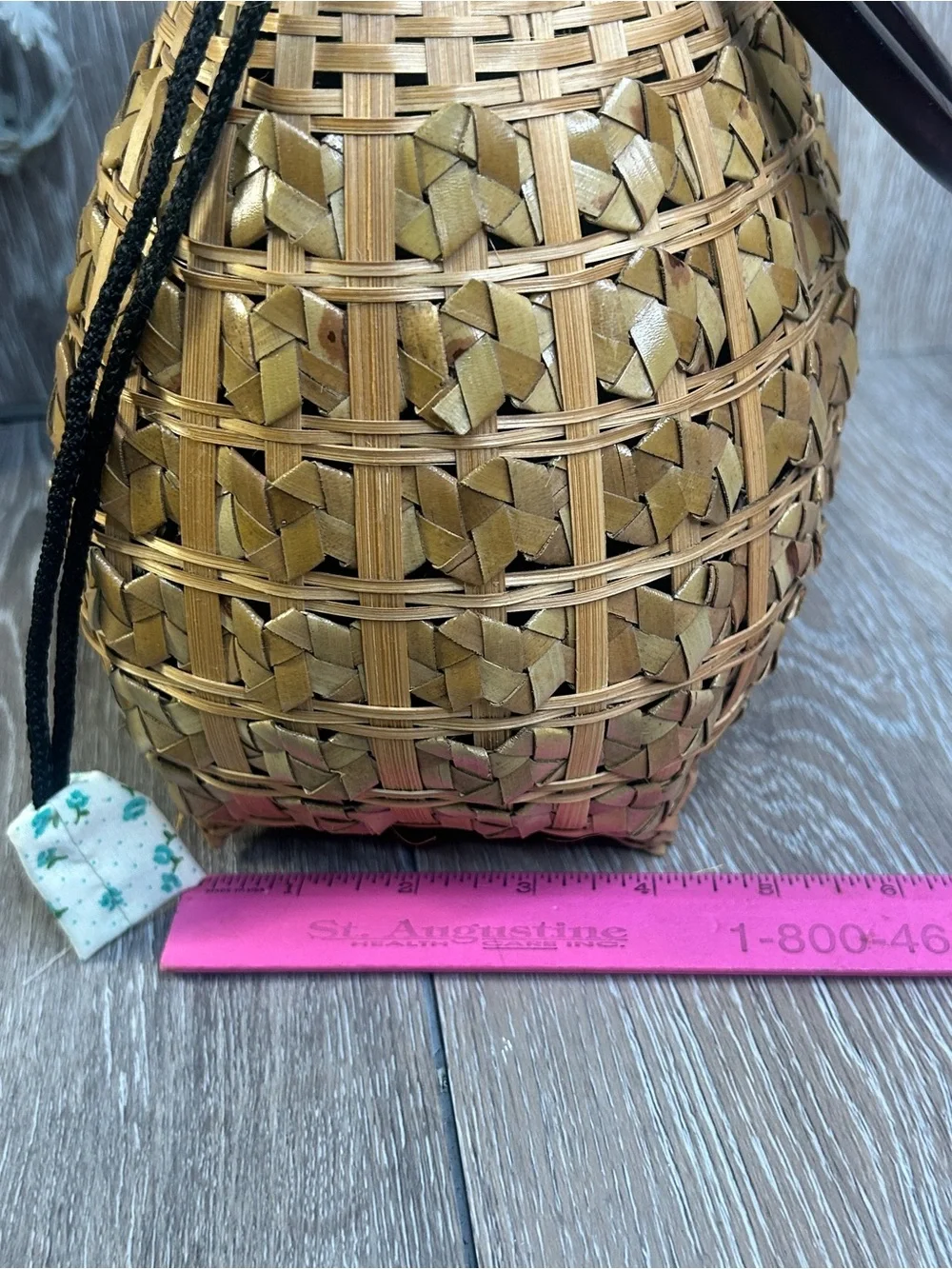 Vintage Straw Basket Handbag Wood Handle Drawstring Floral Lined Boho Beach Tote